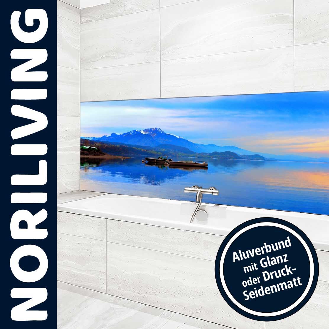 Noriliving Badezimmer mit Alubild von Bergen und See, Aluverbund in Glanz oder Druck-Seidenmatt erhältlich