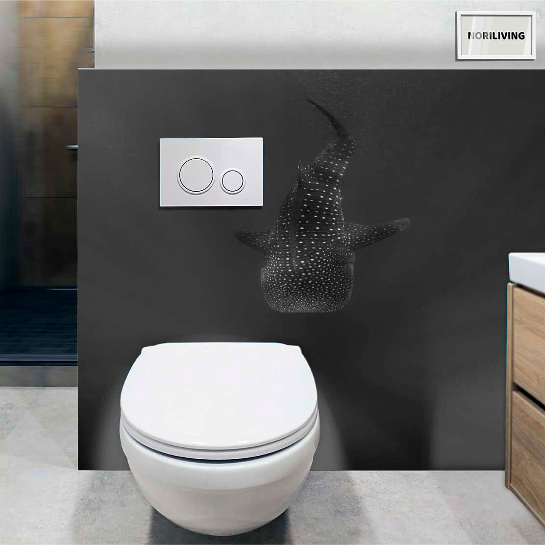 im WC eingebaute Toilettenrückwand mit Motiv Walhai 648 schwarz-weiß