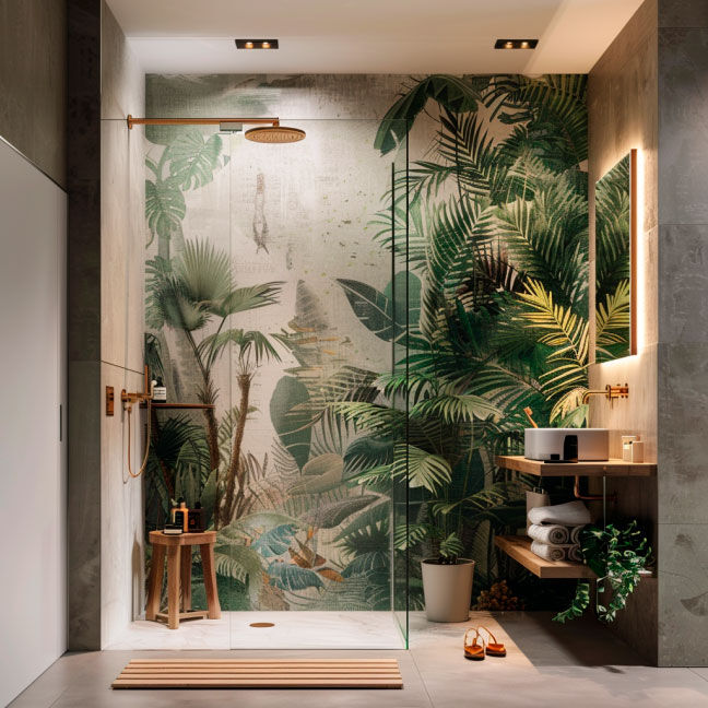 Badezimmer mit tropischer Pflanzenmotiv-Duschwand, goldenen Armaturen und Holzregalen mit Handtüchern