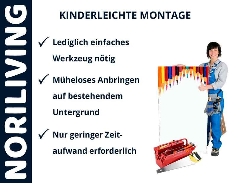 Handwerker präsentiert Montage-Anleitung von Noriliving mit Werkzeug und Checkliste für einfache Installation