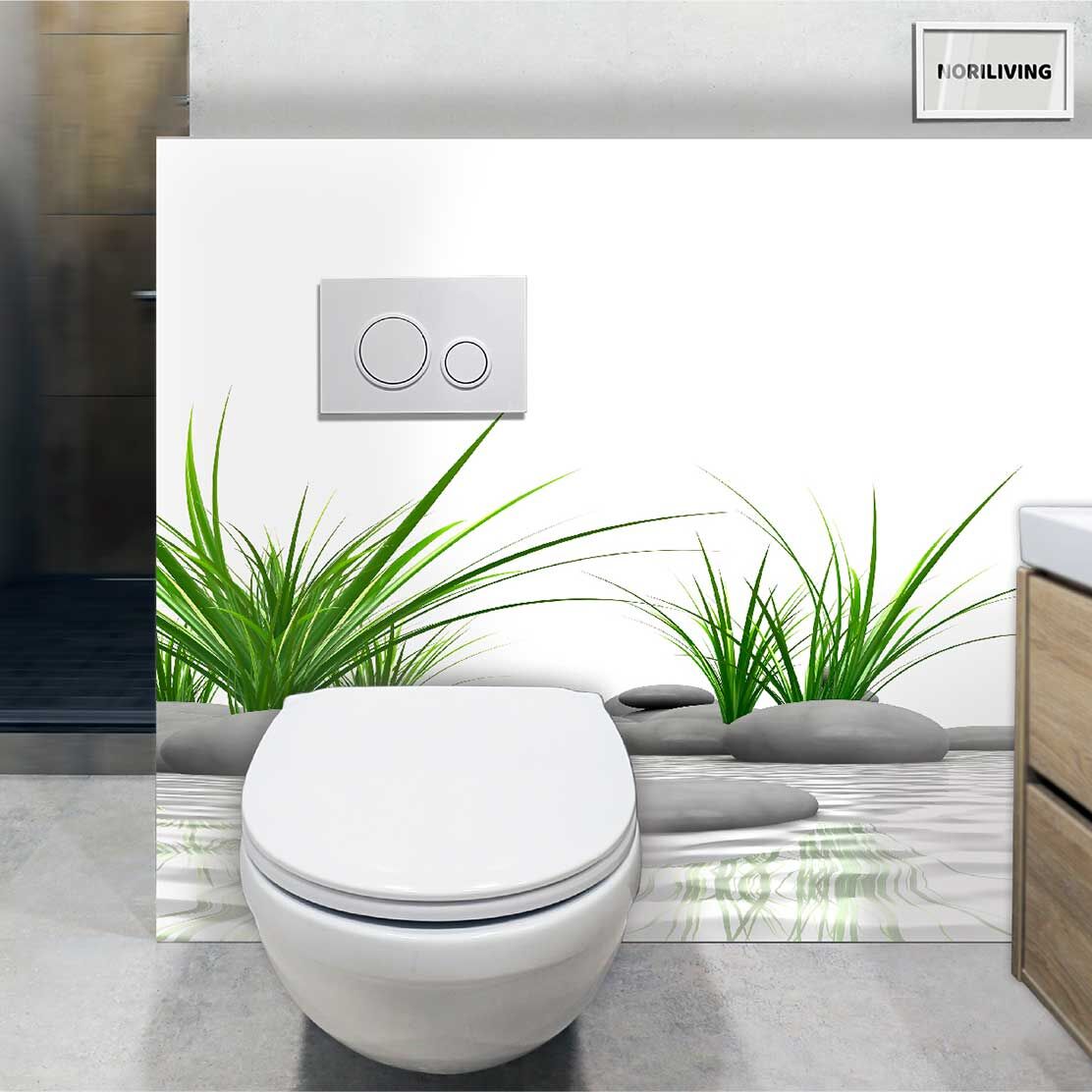 im WC eingebaute Toilettenrückwand mit Motiv Zen Gras Steine 940
