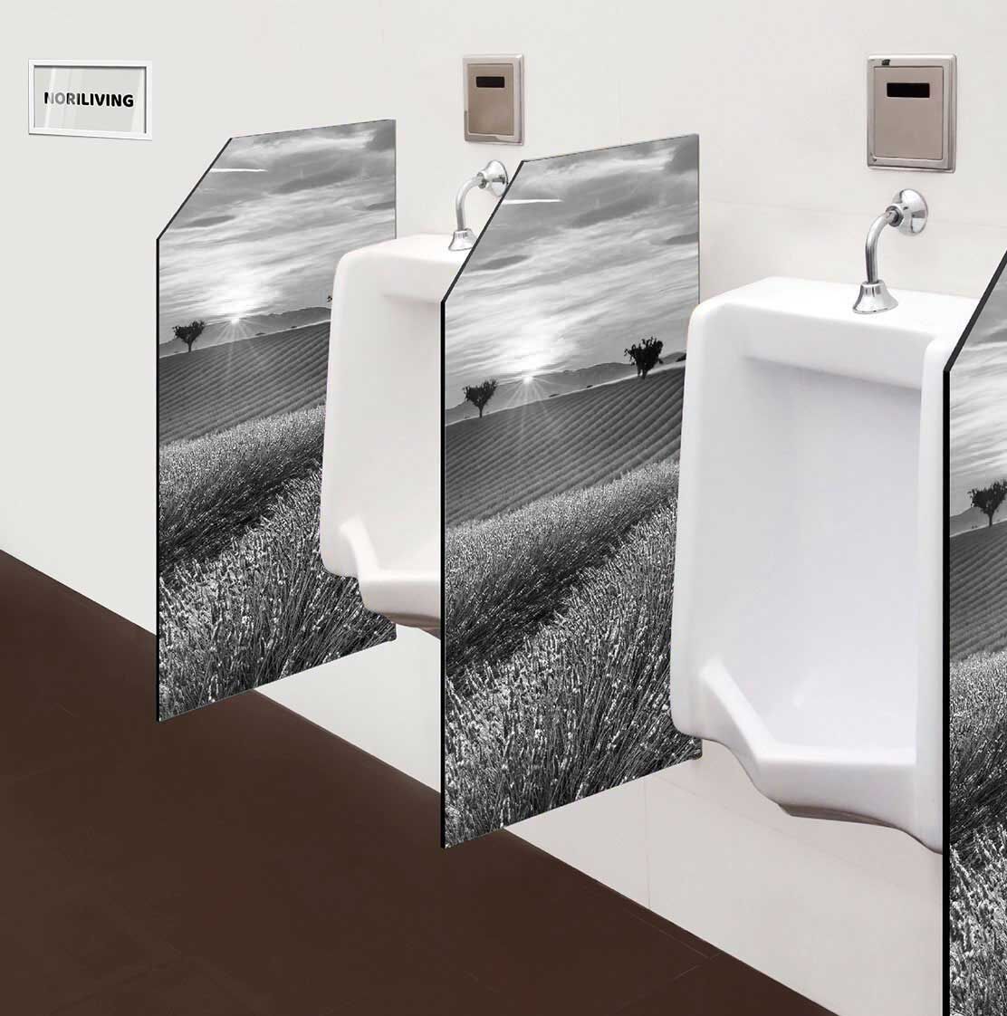 in der Toilette eingebaute Schamwand mit Motiv Lavendelfeld bei Sonnenuntergang 659 schwarz-weiß