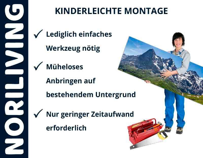 Frau hält ein Bild vor einer Montageanleitung von Noriliving für einfache und schnelle Installation mit minimalem Werkzeugaufwand.
