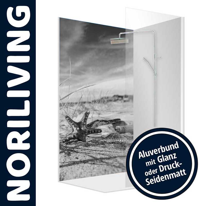 Duschwand von NORILIVING mit Aluverbund, glänzend oder seidenmatt, mit Strandmotiv und Seestern