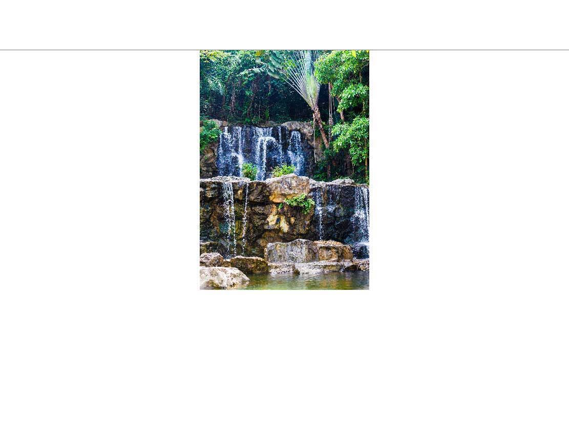 Ein kleiner Wasserfall fließt über Felsen, umgeben von üppigem Grün und Palmen in einem tropischen Gebiet.