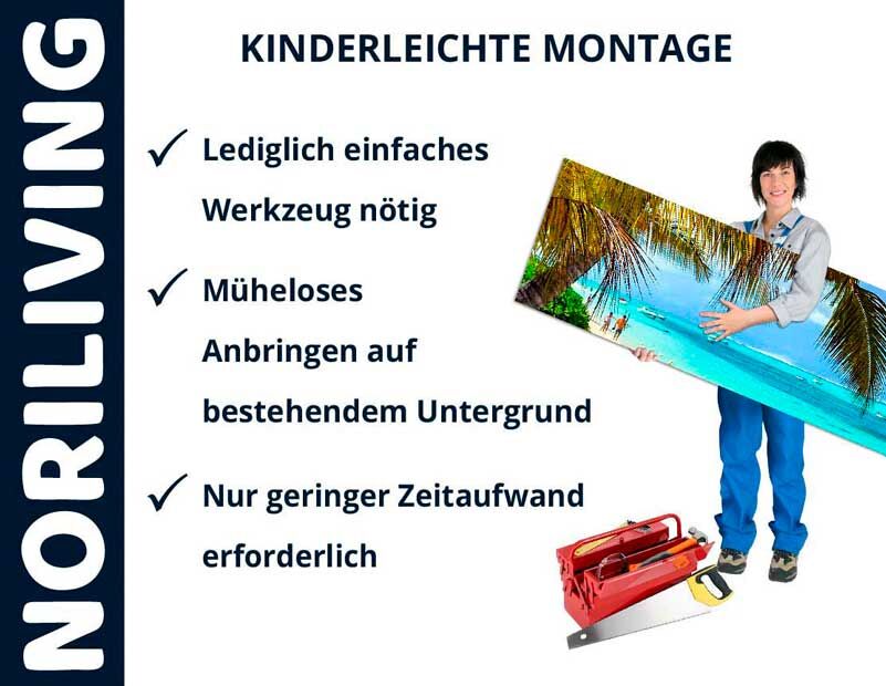 Frau hält ein Landschaftswandbild, umgeben von Werkzeugen mit Text für einfache Montage und Zeitersparnis.
