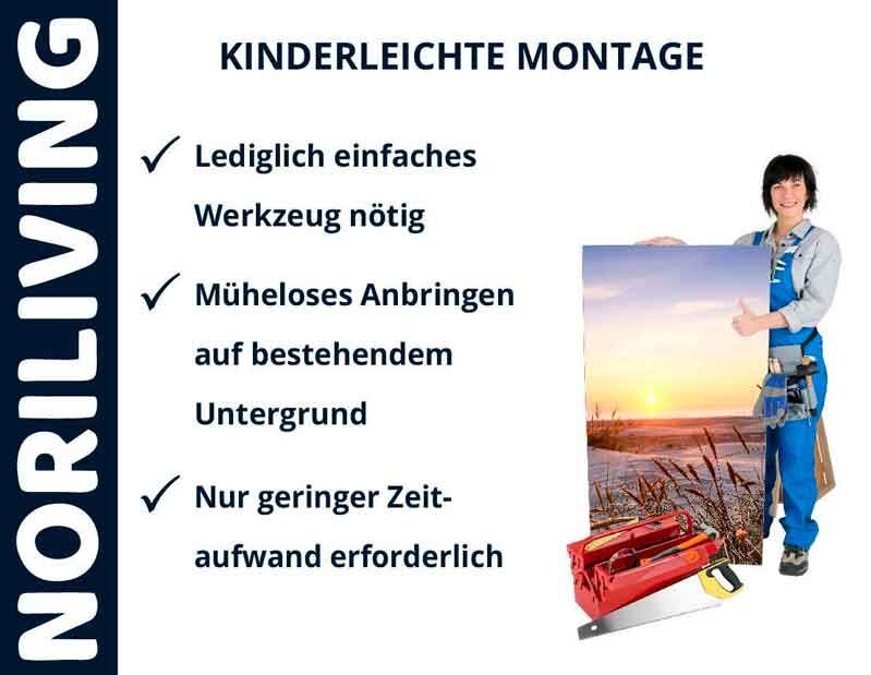 Frau in Arbeitskleidung zeigt kinderleichte Montage mit minimalem Werkzeugaufwand