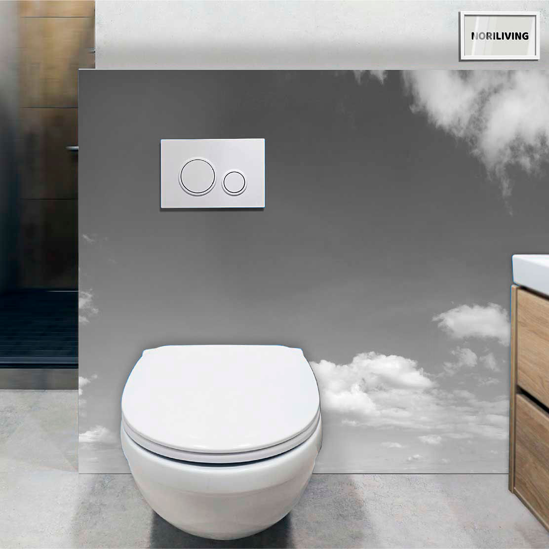 im WC eingebaute Toilettenrückwand mit Motiv blauer Himmel mit Wolken 986 schwarz-weiß