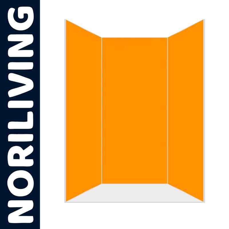 Abbildung einer orangenfarbenen, dreiteiligen Raumtrennwand von Noriliving vor weißem Hintergrund
