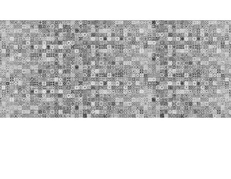 Ein umfangreiches Mosaik aus kleinen schwarzen und weißen geometrischen Formen, die ein komplexes, sich wiederholendes Muster bilden.
