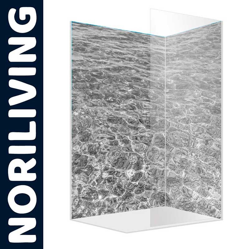 Glas-Duschtrennwand von Noriliving mit elegantem Wasserdesign zur stilvollen Badezimmergestaltung