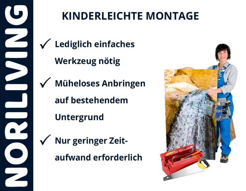 Werbung von Noriliving mit kinderleichter Montage-Anleitung und Person, die ein Bild hält