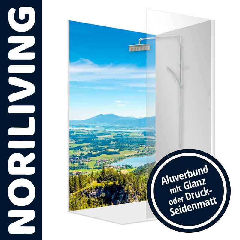 Duschrückwand von NORILIVING mit beeindruckendem Berg- und Seemotiv in hochwertigem Aluverbund für ein modernes Badezimmerdesign