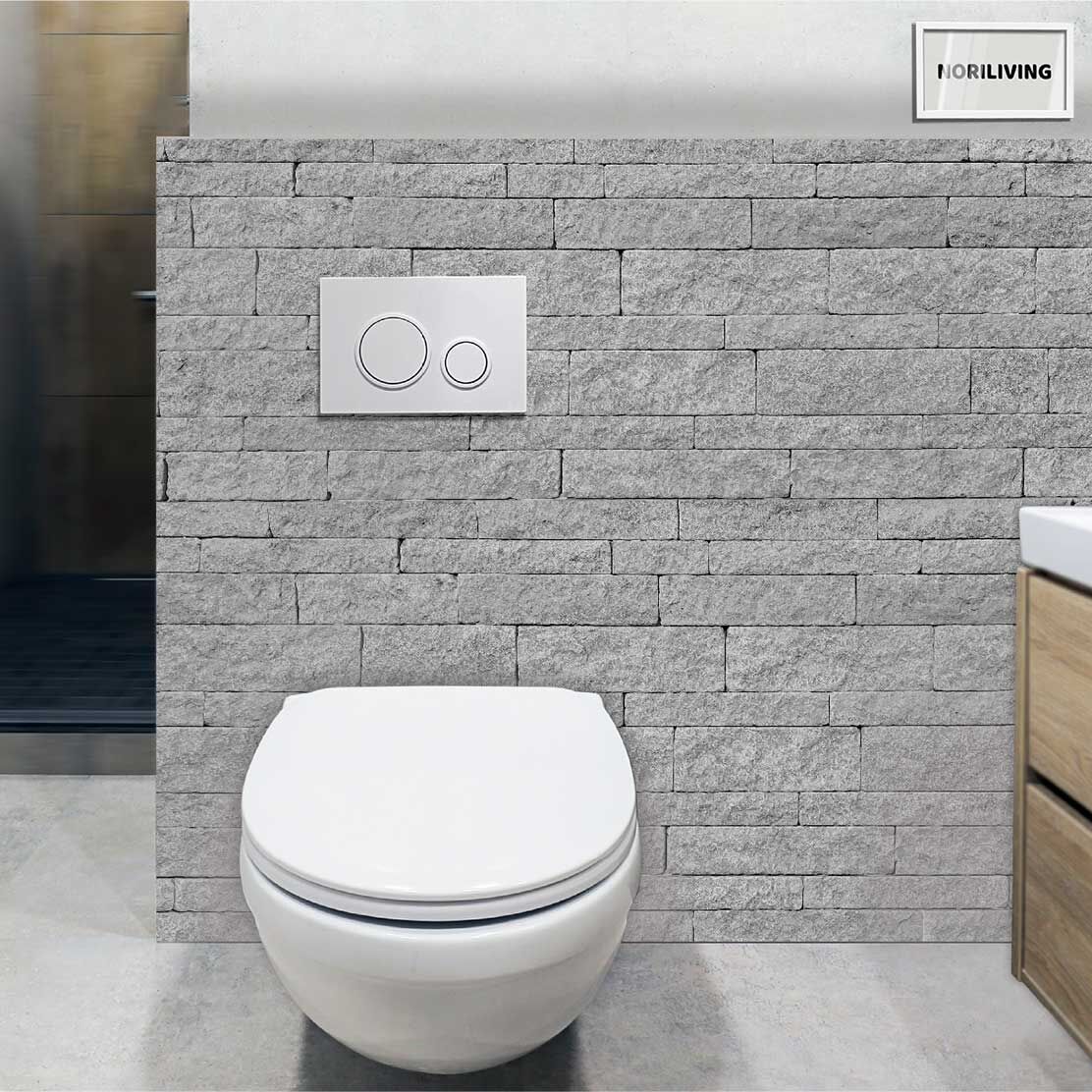 im WC eingebaute Toilettenrückwand mit Motiv Steinwand hellgrau 430a