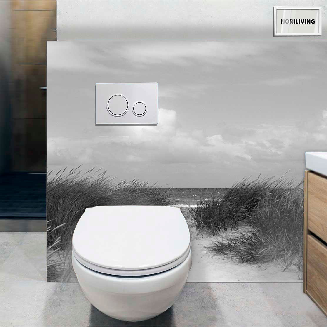 im WC eingebaute Toilettenrückwand mit Motiv Dünen Gras Strand 596 schwarz-weiß