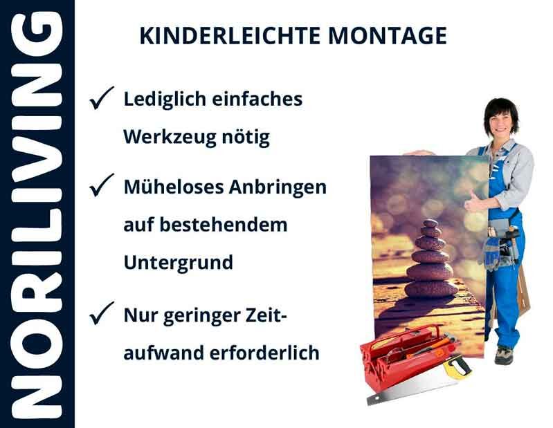 Person mit Werkzeug stellt einfach zu montierende Dekoration vor. Text: Kinderleichte Montage, einfaches Werkzeug, müheloses Anbringen, geringer Zeitaufwand.
