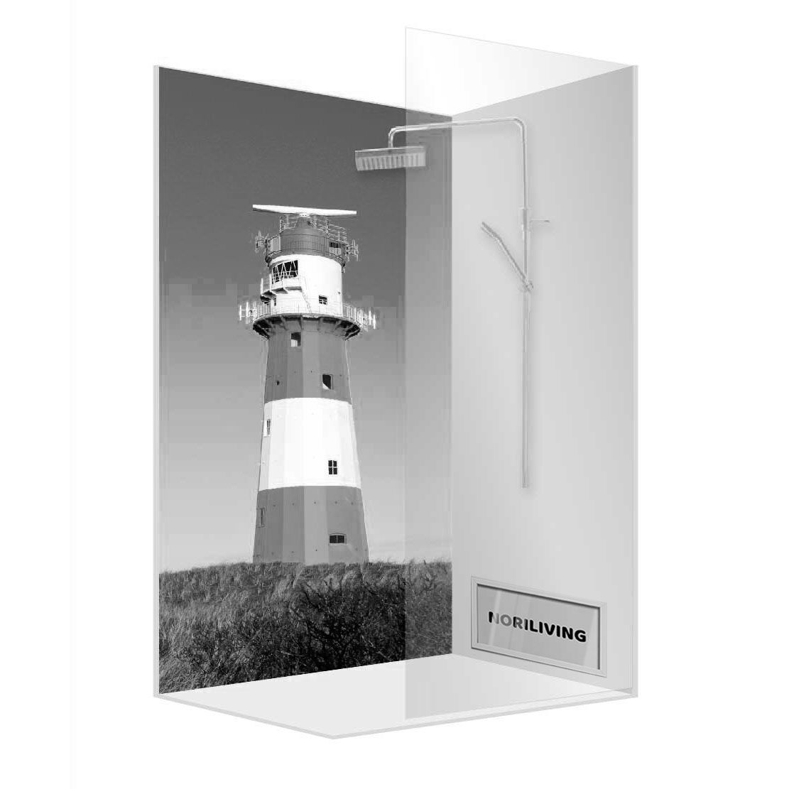 Abbildung einer Einzel-Duschrückwand mit Motiv Der kleine Leuchtturm am Borkumer Südstrand 800 schwarz-weiß