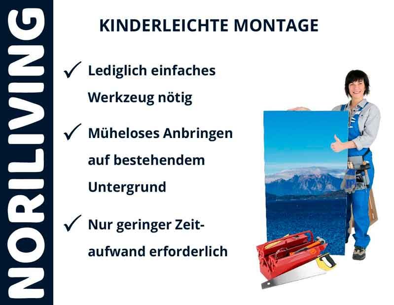 Frau mit Werkzeugkasten zeigt ein Bild und erklärt die einfache Montage von Noriliving mit minimalem Werkzeugaufwand.