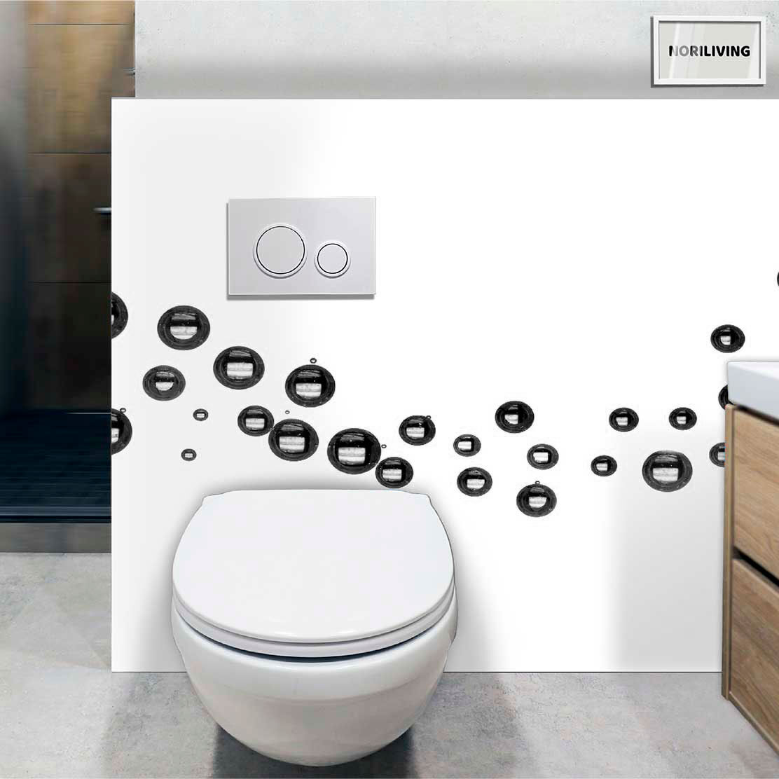im WC eingebaute Toilettenrückwand mit Motiv Luftblasen 557 schwarz-weiß
