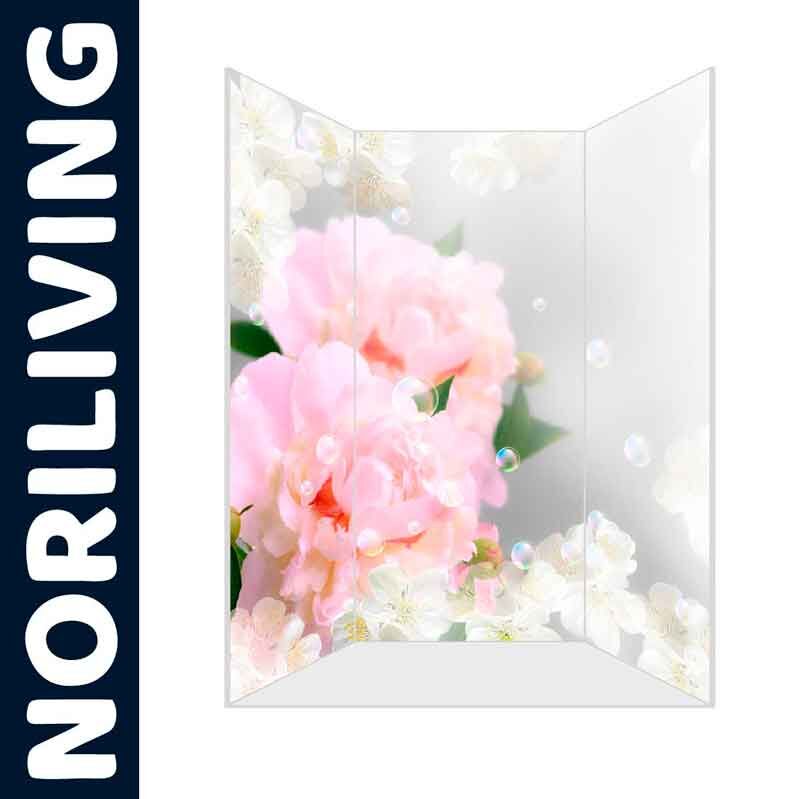 Raumteiler mit zarten rosa Blüten und weißen Blumen, dekorative Trennwand von NORILIVING