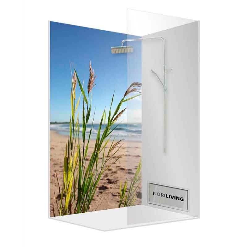 Elegante Duschwand mit Sandstrand- und Meerblick-Motiv