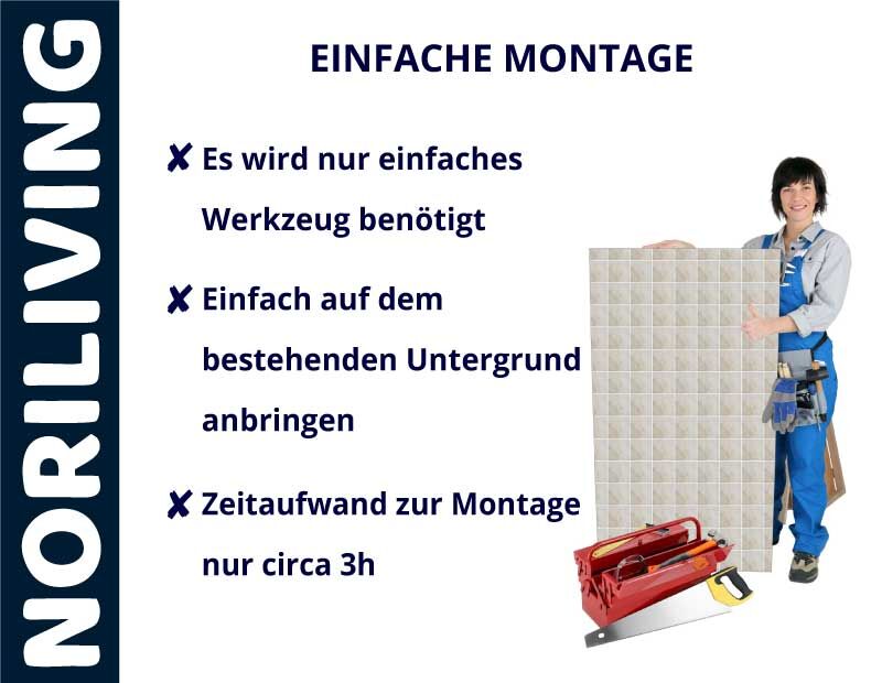 Person zeigt einfache Montage von Noriliving mit Werkzeug, Zeitaufwand circa 3 Stunden