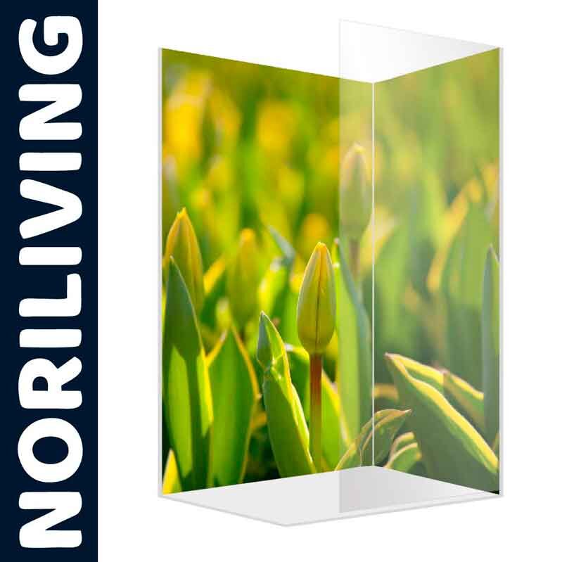 Glaswand mit lebendigem Bild von grünen Pflanzen und Knospen, Noriliving
