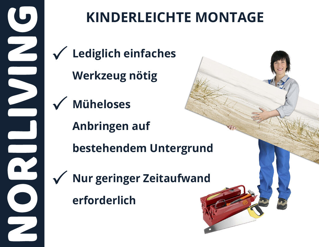 Person hält ein Bild mit Landschaftsmotiv. Text: NORILIVING - Kinderleichte Montage mit einfachen Werkzeugen, schnelles Anbringen.