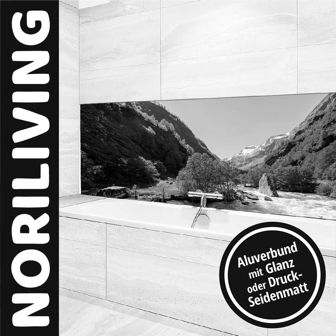 Ansicht des Badrückwand-Motivs Schönes Flam-Tal in Norwegen 082 schwarz-weiß Oberkante