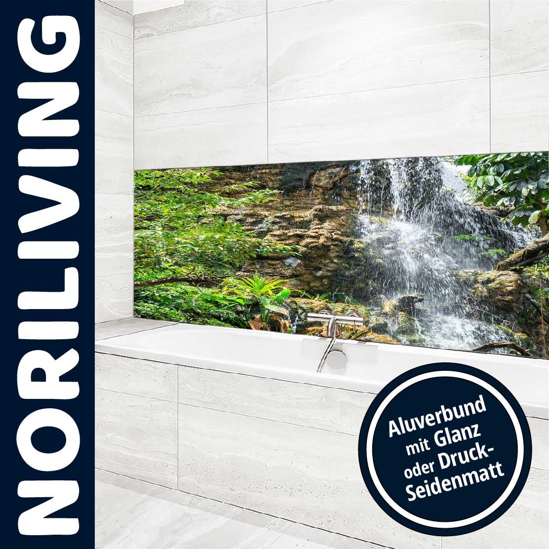 Ansicht des Badrückwand-Motivs Wasserfall an Felsvorsprung 178 Unterkante