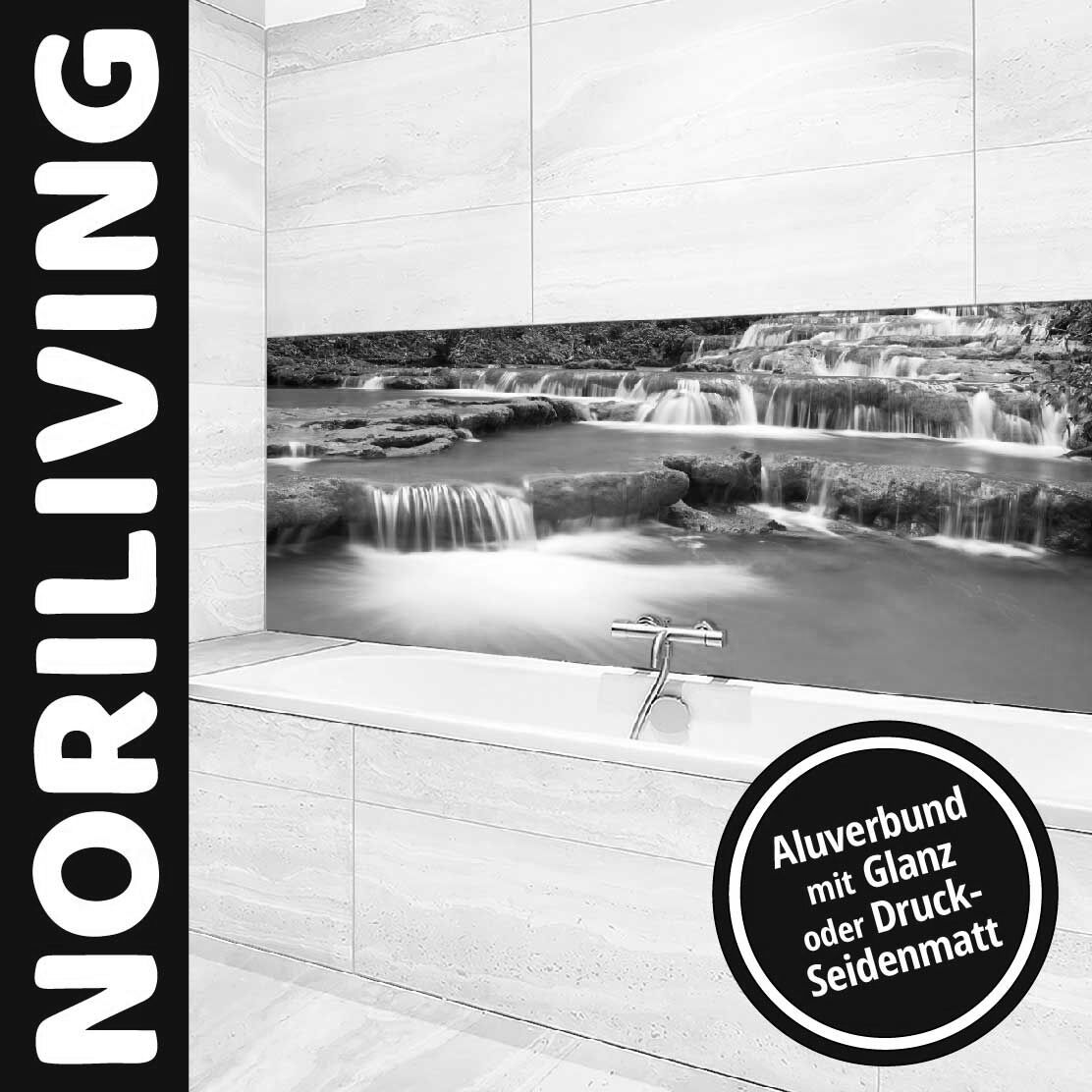 Moderne Badezimmer-Gestaltung mit Wasserfallbild auf Aluverbundmaterial in Glanz oder Druck-Seidenmatt