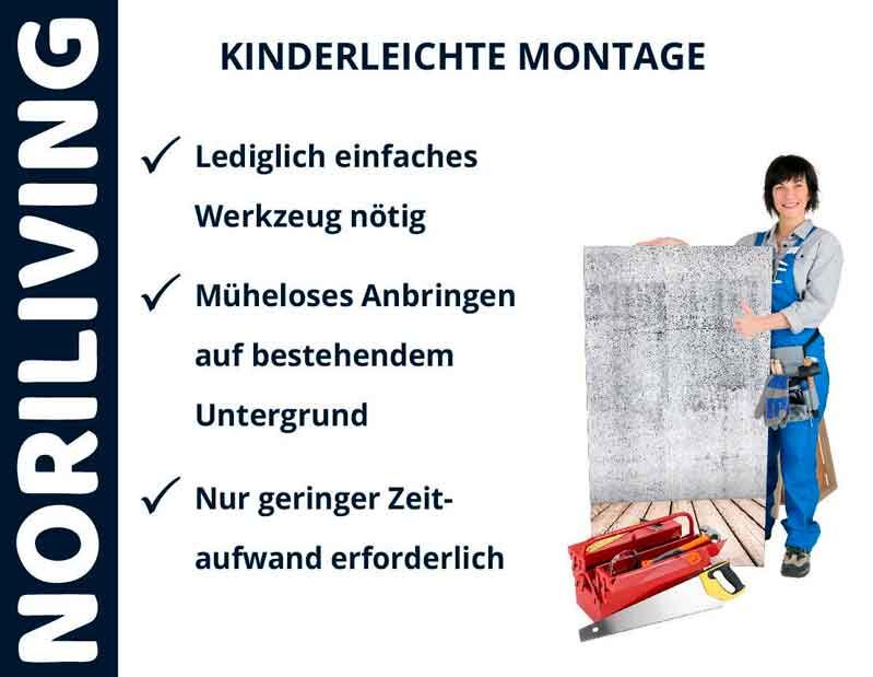 Person neben einer großen Platte mit Werkzeugkiste, Texte: "Kinderleichte Montage", "Lediglich einfaches Werkzeug nötig", "Müheloses Anbringen auf bestehendem Untergrund", "Nur geringer Zeitaufwand erforderlich"