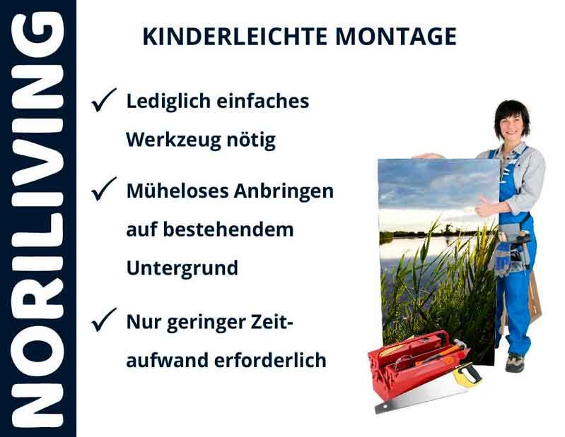 Person mit Werkzeug und einem Bild, daneben Text: 'NORILIVING, Kinderleichte Montage, Einfaches Werkzeug nötig, Müheloses Anbringen, Geringer Zeitaufwand'