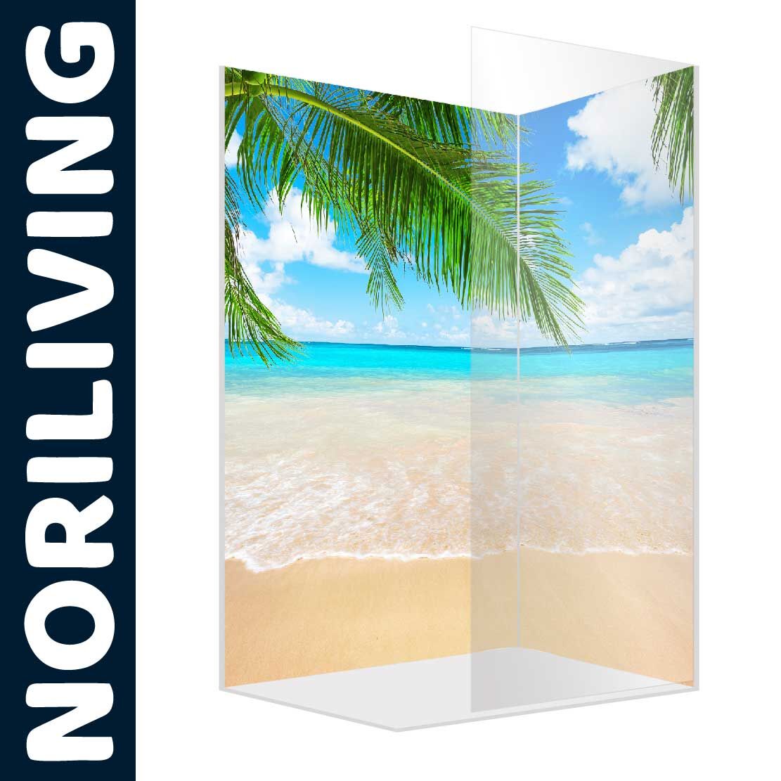 Abbildung einer Eck-Duschrückwand mit Motiv Kokospalmblätter mit Blick auf das Meer 845