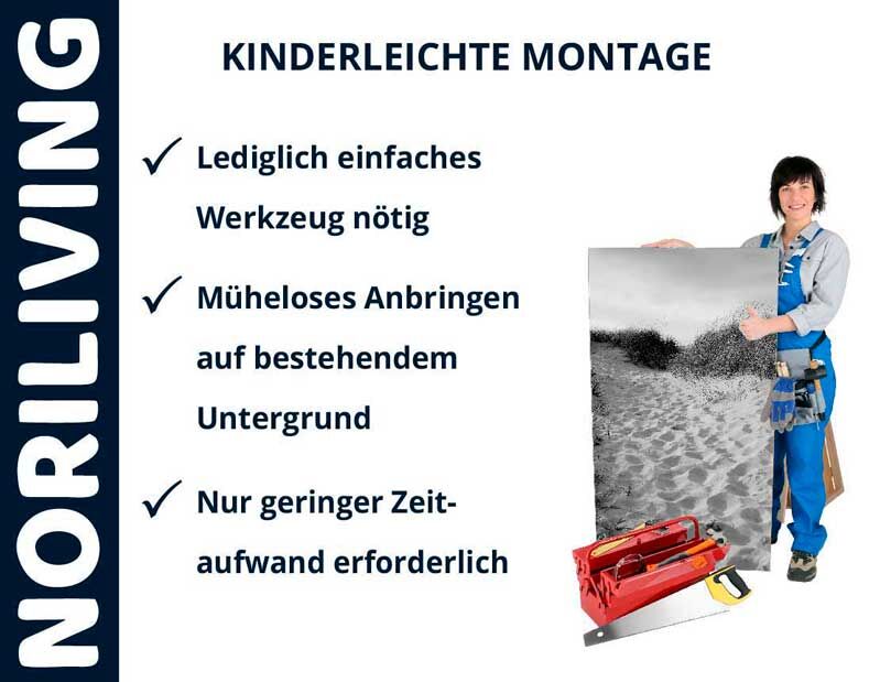Frau präsentiert ein Bild mit einfachem Montagewerkzeug von Noriliving. Text: Kinderleichte Montage, lediglich einfaches Werkzeug nötig, müheloses Anbringen auf bestehendem Untergrund, nur geringer Zeitaufwand erforderlich.