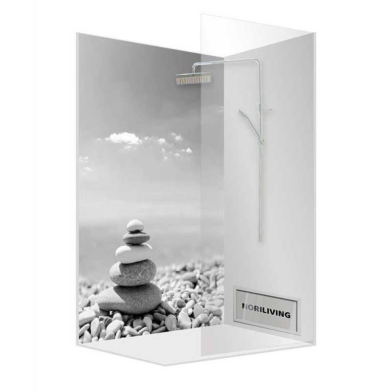 Duschkabine mit Zen-Steinstapel-Dekor auf Glaswand, minimalistisches Design von NORLIVING