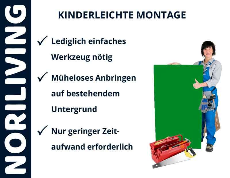 Plakat von NORILIVING mit Hinweisen zur kinderleichten Montage und einer Person in Arbeitskleidung mit Werkzeug