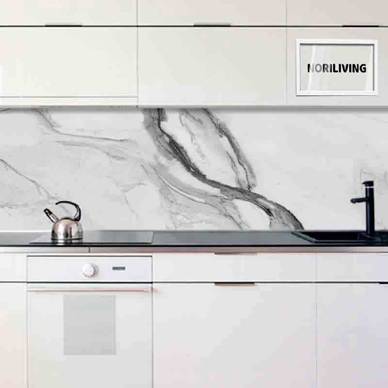 in der Küche eingebaute Küchenrückwand Profiline mit Motiv Marmorstruktur beige-orange 021 schwarz-weiß