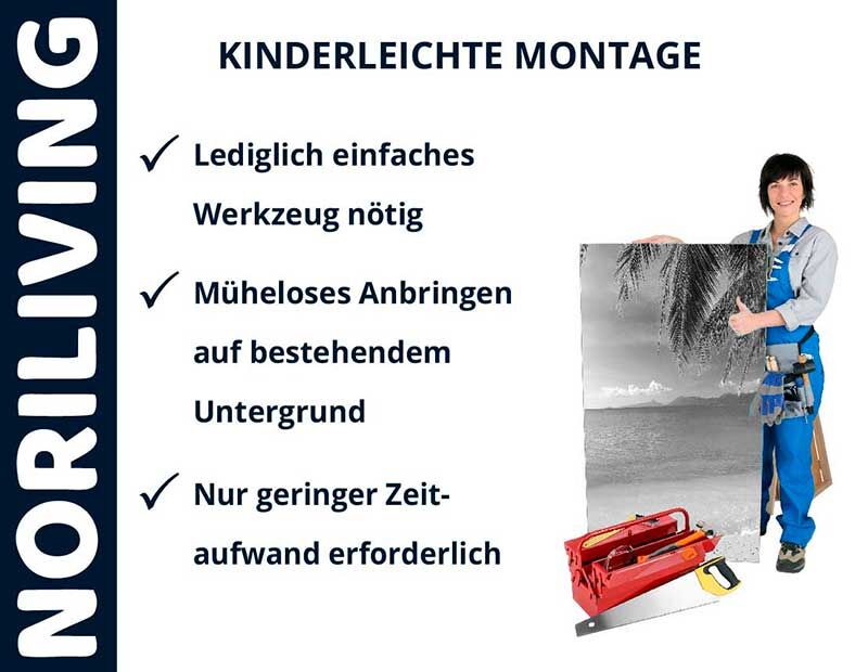 Person in blauer Arbeitskleidung zeigt auf einfach zu montierende Wanddekoration von NORILIVING mit Werkzeug im Vordergrund