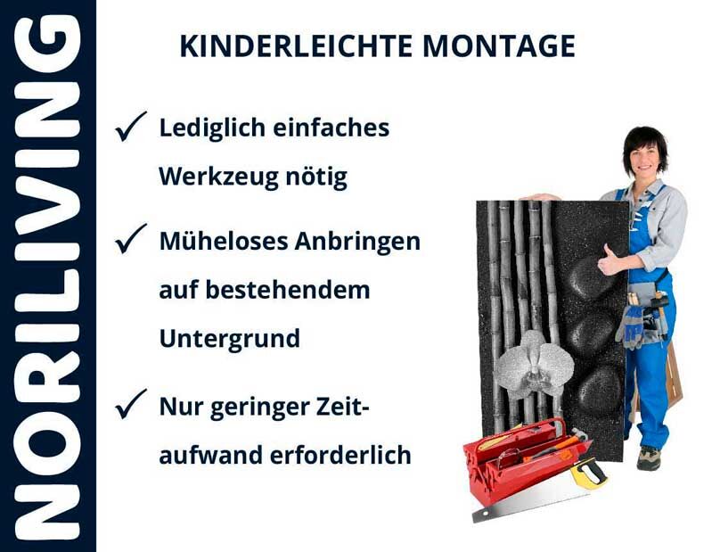 Frau mit Dekorpanel und Werkzeugkasten, kinderleichte Montage mit einfachem Werkzeug, geringer Zeitaufwand erforderlich