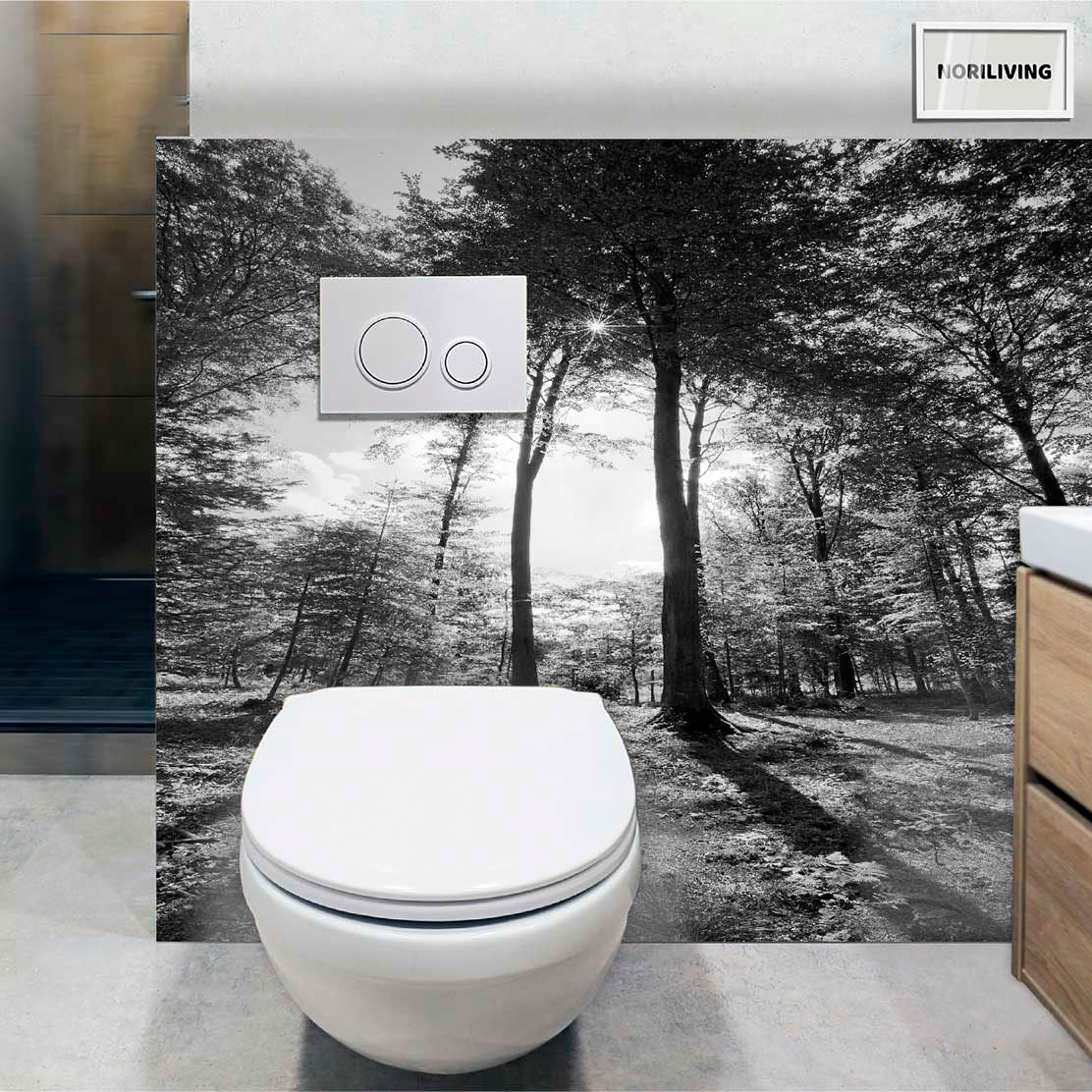 im WC eingebaute Toilettenrückwand mit Motiv Wald in Dänemark 329 schwarz-weiß