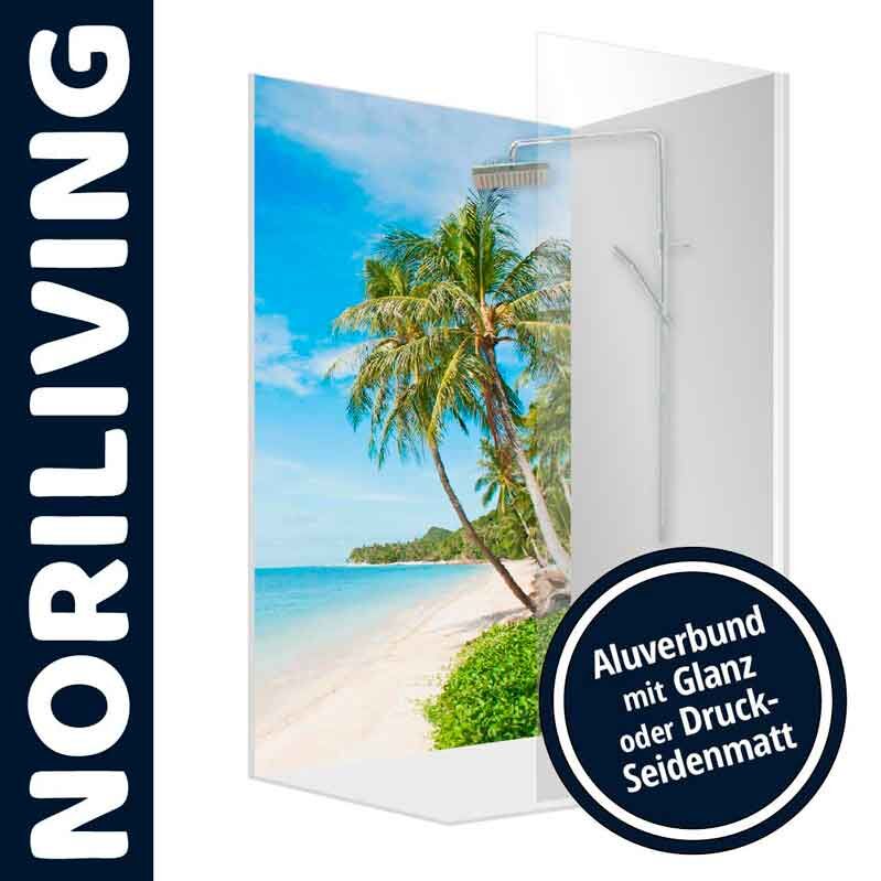 Duschwand mit Palmen und Strandbild in Alu-Verbund-Ausführung, glänzend oder matt erhältlich