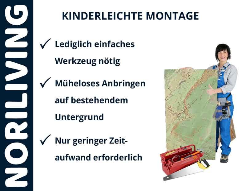Frau zeigt auf Tafel vor Werkzeugkasten, Text: Kinderleichte Montage, lediglich einfaches Werkzeug nötig, müheloses Anbringen, nur geringer Zeitaufwand erforderlich