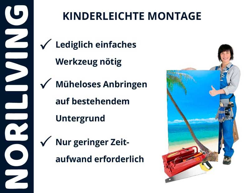 Lächelnde Person präsentiert einfache Montageanleitung mit Strandbild, Werkzeug, und Noriliving-Logo