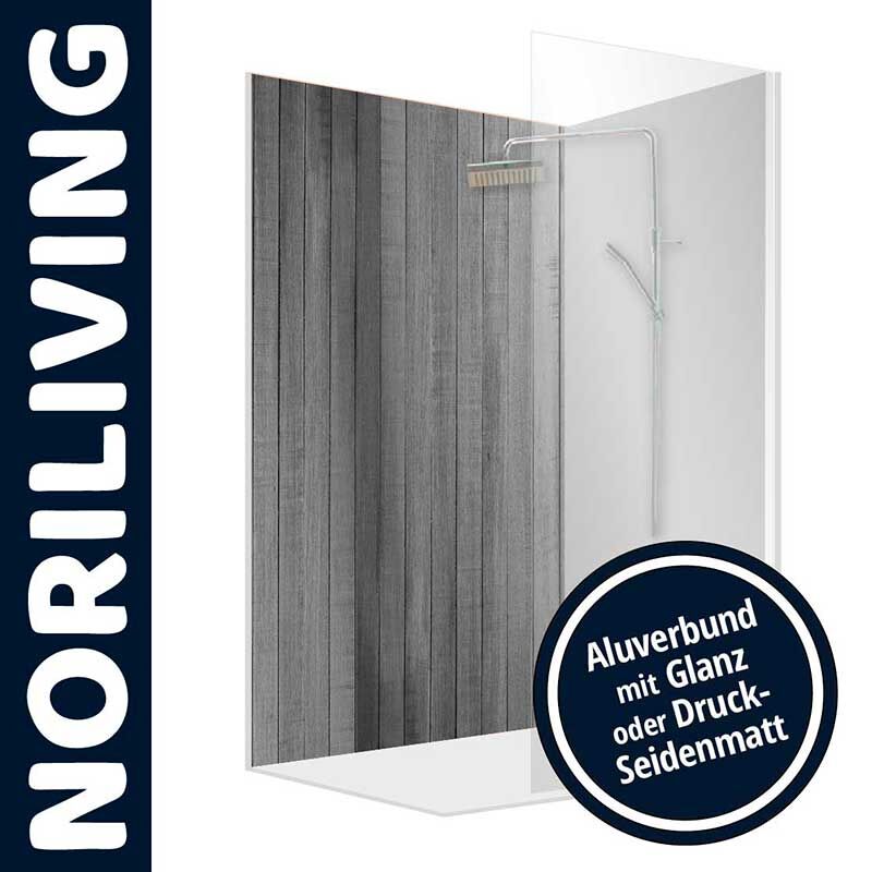 Duschwand von Noriliving mit Holzoptik und Aluverbund in Glanz oder Matt
