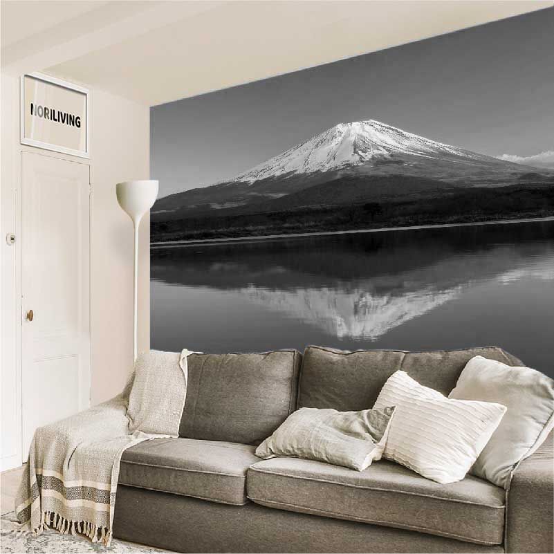 im Wohnzimmer eingebaute Wohnzimmerrückwand mit Motiv Fujiyama Vulkan Japan 105 schwarz-weiß