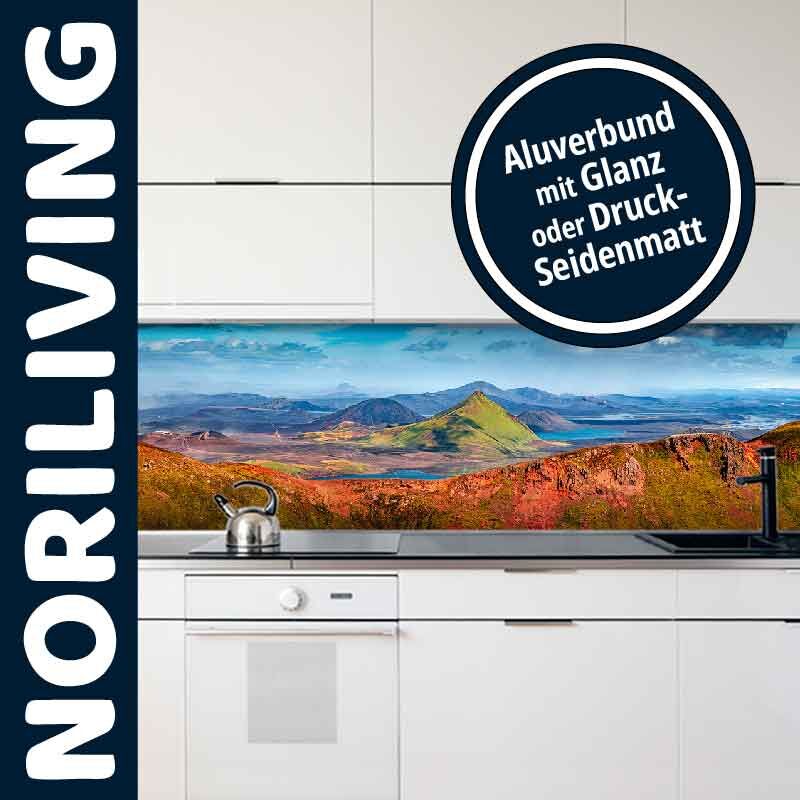 Moderne Küche mit Landschaftsmotiv auf Aluverbund als Rückwand