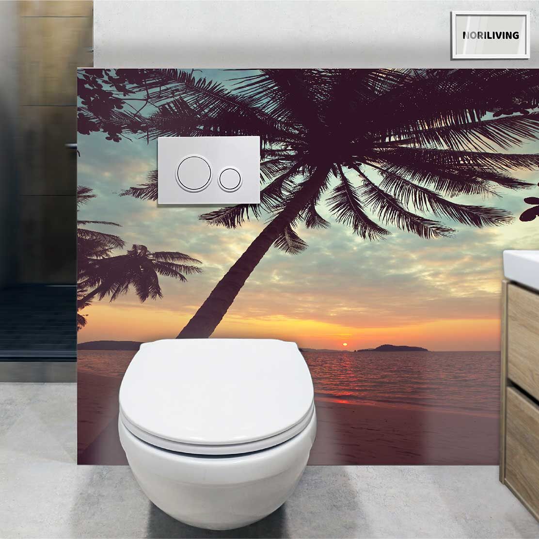 im WC eingebaute Toilettenrückwand mit Motiv Sonnenuntergang mit Palme am tropischen Meer 239