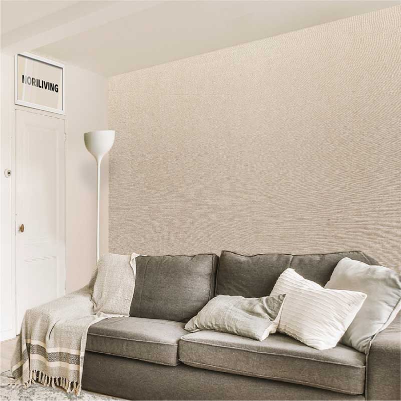 im Wohnzimmer eingebaute Wohnzimmerrückwand mit Motiv Stoffoptik beige 526