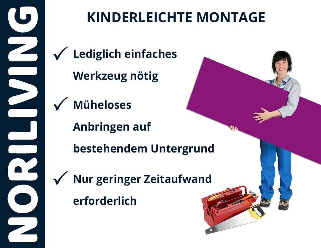 Plakat von NORILIVING mit Text zur kinderleichten Montage, einer Person mit einer lila Tafel und Werkzeug im Vordergrund